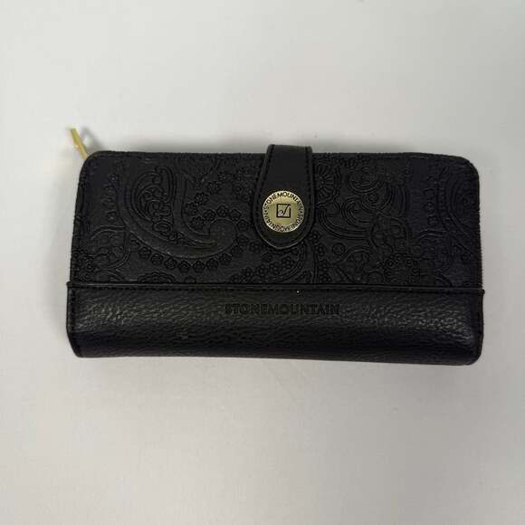 Stone Mountain Handbags - Stone Mountain Black Paisley Tooled Leather Zip Around Clutch Wallet